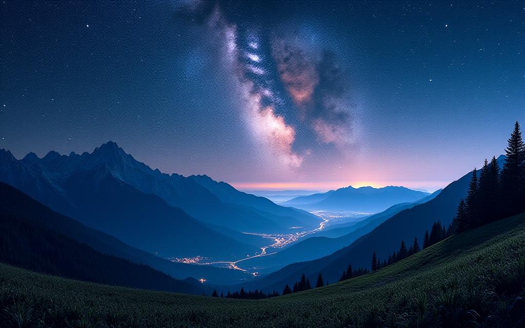 Alpská krajina s hvězdnou oblohou nad Prahou